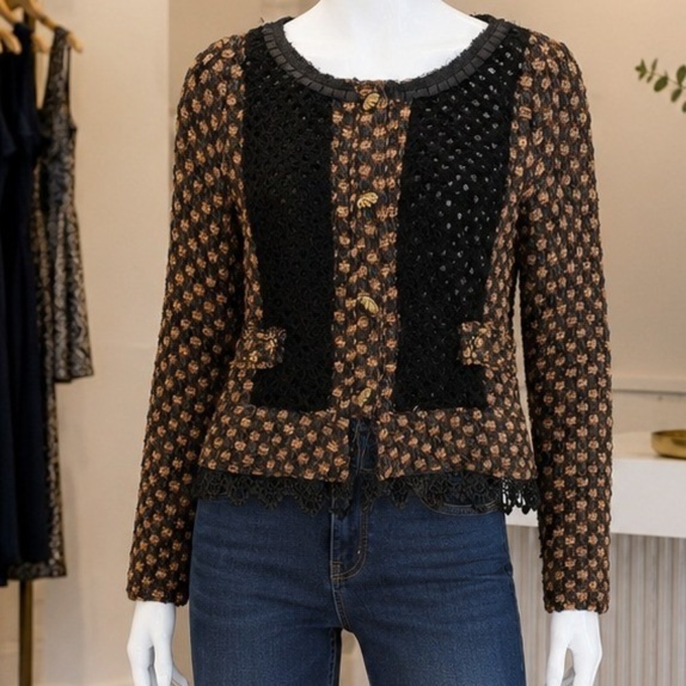 Farinelli Women Jacket Crochet Wool Blend Mixed Media Ornate Buttons Brown L
